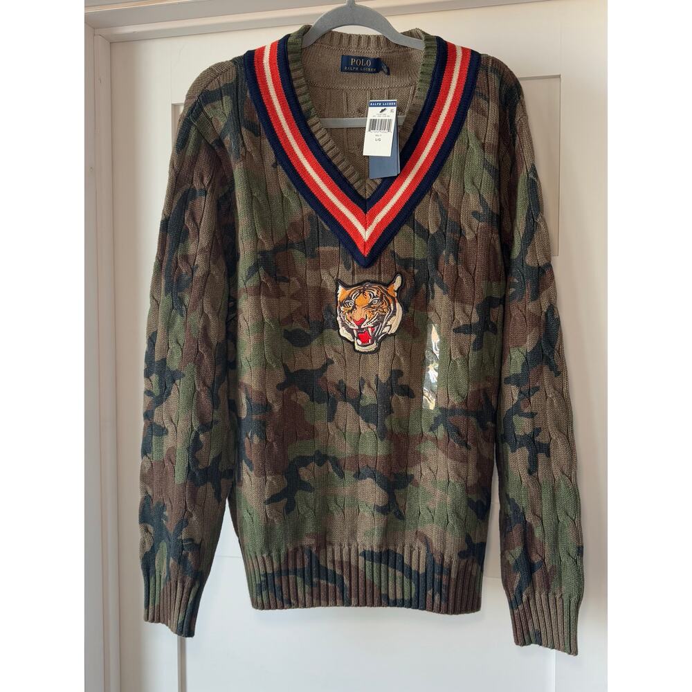 Polo Ralph Lauren Camouflage Tiger Patch Varsity Cable Knit Sweater Size L NWT